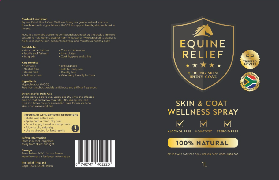 Equine Relief 1L bottle label — product description, directions and ingredients