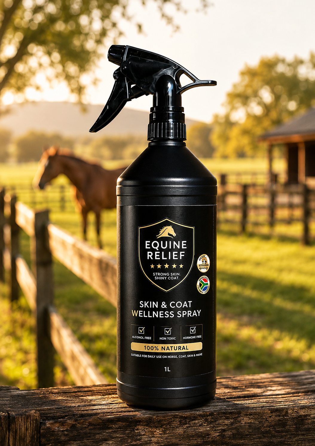 Equine Relief Skin & Coat Wellness Spray 1 litre bottle on a paddock fence